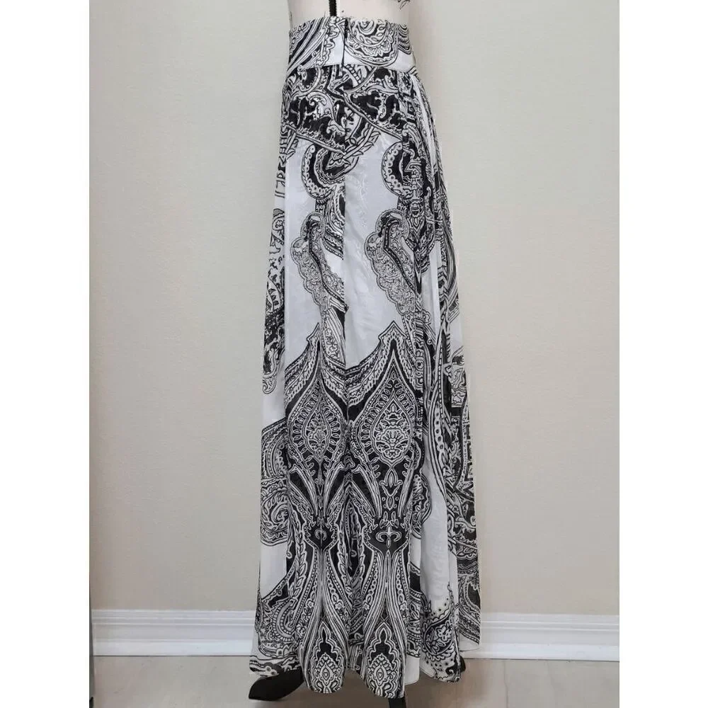 🖤🤍 WHITE HOUSE BLACK MARKET Paisley Black White Pleated Maxi Skirt SIZE S
